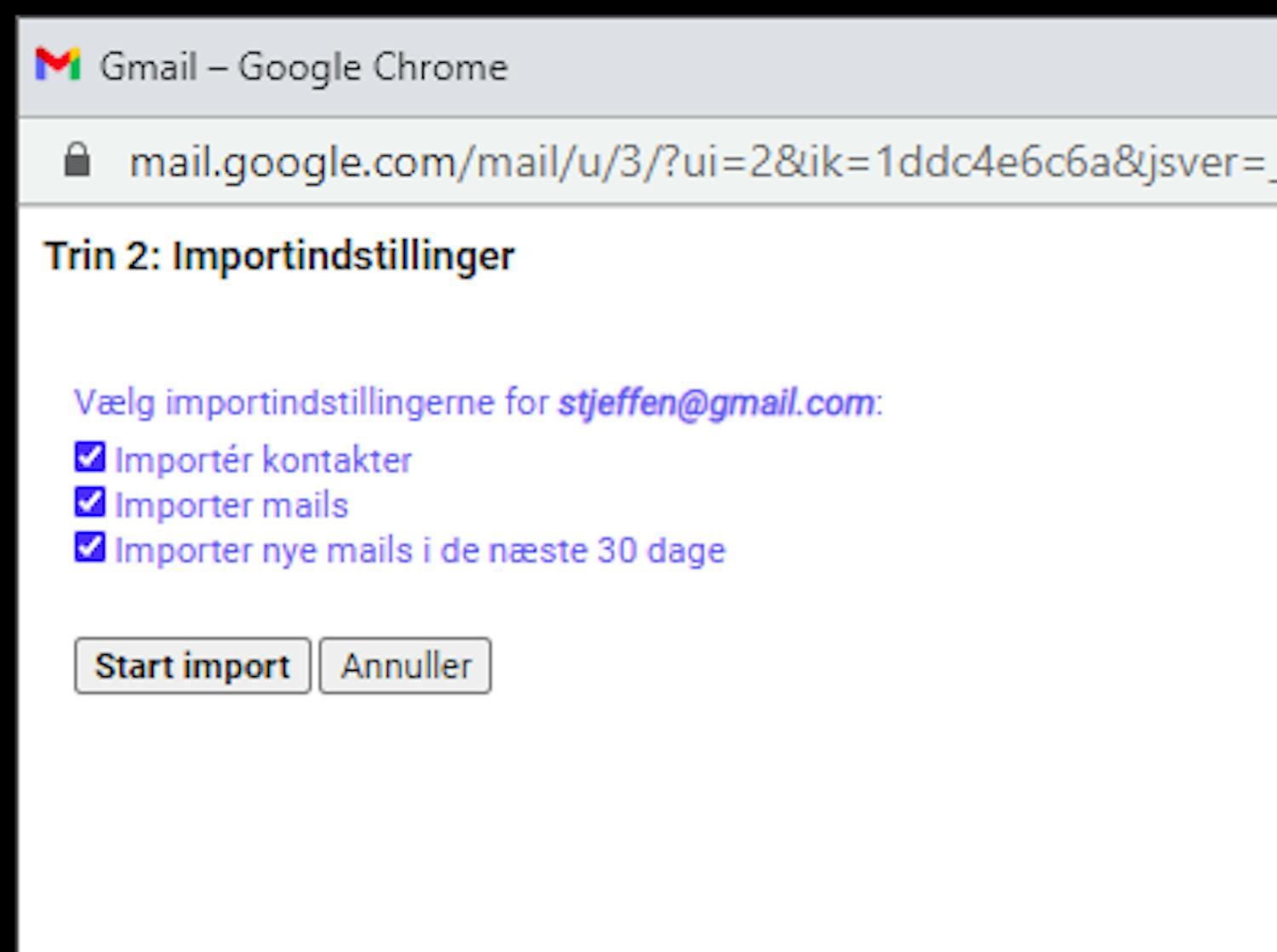 Importer til Gmail Inporter mails og kontakter til Gmail.